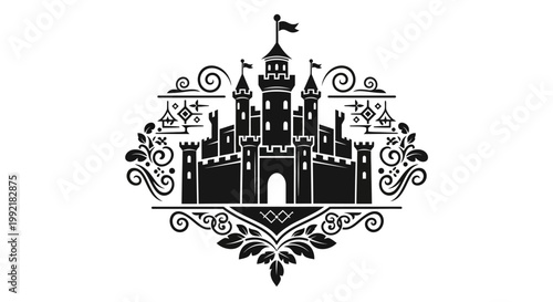 Black and white castle illustration.