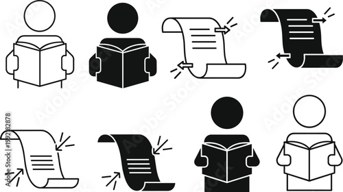 Minimalist black and white icon set featuring reading person and scroll document symbols, representing education, literature, learning, writing, and communication concepts.