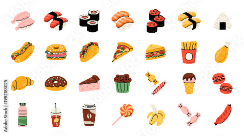 Pixel art fast food. Icon pizza, burger, sushi. 8 bit meal. Vintage hot dog. Graphic retro restaurant. Sign UI menu, cartoon dinner assortment. Vector symbol garish game isolated graphic elements set