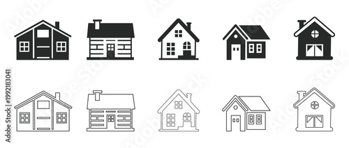 Set of house icons on white background, Black and white vector illustrations of homes