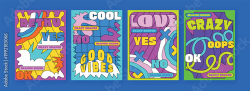 Funky poster. Groovy cartoon geometric. Retro doodle frame. Hippie party. Abstract shape, psychedelic vibes. Vintage acid creative comic background. Print design. Vector crazy garish vertical banners