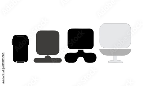 Technology device lineup with smartphone tablet laptop and desktop in flat minimal vector style.