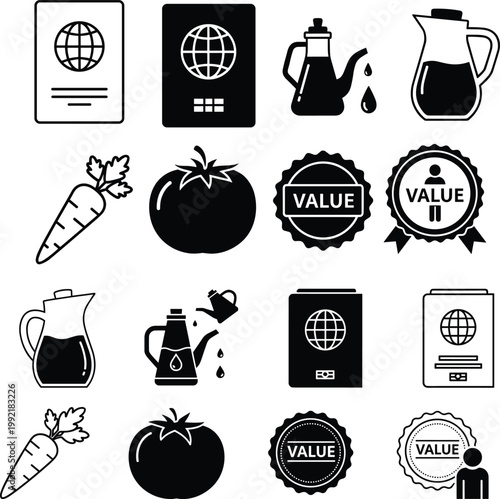 Passport, food, and value icons set featuring travel documents, vegetables, oil bottles, product labels, global concept illustration, professional design collection