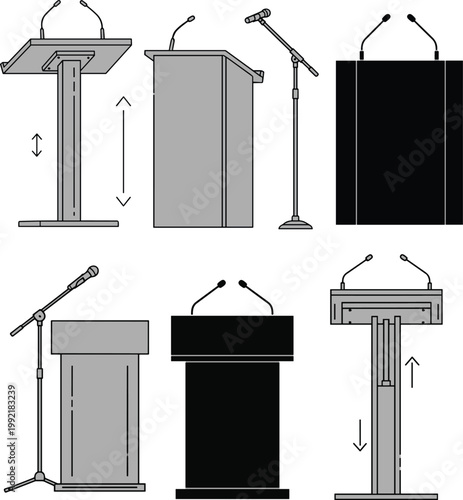 Podium and lectern icons set with microphones, adjustable height designs, front and side views, presentation, speech, conference illustration concept