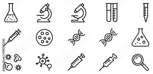 Advanced Lab Equipment Icons. Microscope Tube Flask Science Set. Vector illustration eps 10