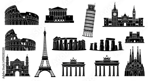 Black and white iconic landmarks silhouettes.