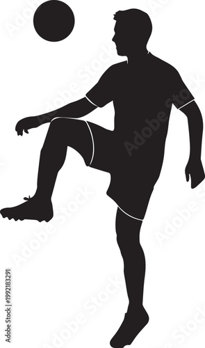 Male soccer player silhouette juggling football on transparent background isolated.