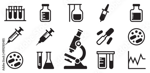 Science Experiment Icons Set. Test Tube Flask Rack Laboratory Symbols. Vector illustration eps 10