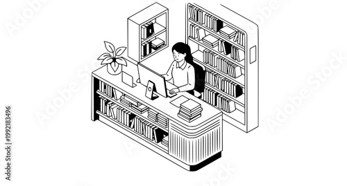 Isometric librarian at library desk vector illustration with books and computer for education concept isolated on white