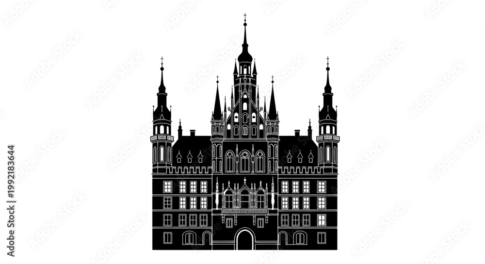 Fototapeta premium Large Gothic Architectural Building Front View.