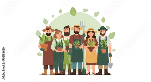 Diverse Group of Gardeners Holding Plants and Gardening Tools.