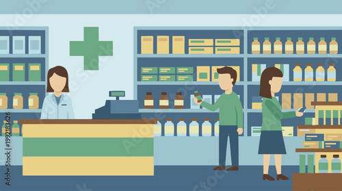 Illustration of a modern pharmacy interior with pharmacist and customers