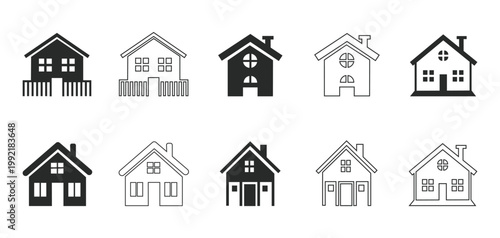 Set of house icons on white background, Various styles and designs