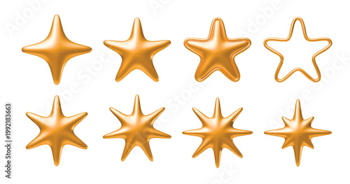 3D gold star. Shiny different shapes. Glossy golden metallic glitter element. Realistic trophy. Decoration celebration sparkle icons. Bright luxury symbol vector icon award render isolated objects set