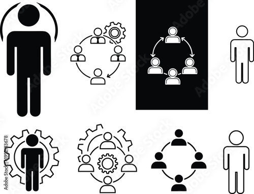 Teamwork collaboration icons set with human figures and gear symbols showing productivity, leadership, organizational structure, cooperation, professional system illustration design