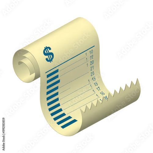 3D rolled paper receipt with dollar sign and jagged edge isolated on transparent background