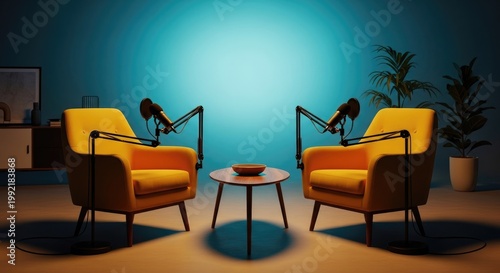 Podcast studio interior with two microphones and armchairs