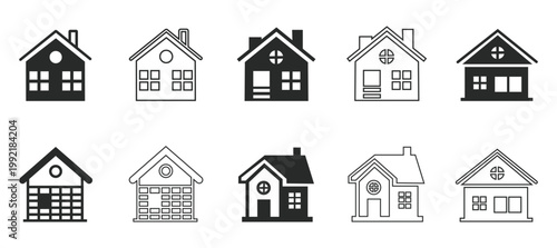 Set of house icons on white background, Various styles and designs, Black and white vector graphics