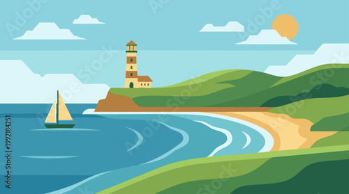 Coastal landscape with lighthouse, sailboat, beach, and green hills