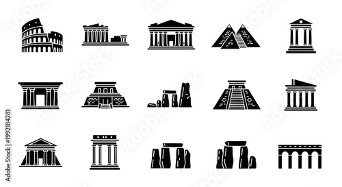 Collection of ancient architectural structures icons.