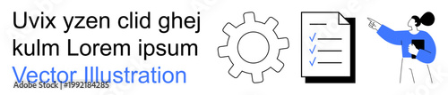 Task management, workflow optimization, business solutions, productivity tools, strategic planning, team collaboration. Gear, checklist and woman pointing. Task management and workflow optimization