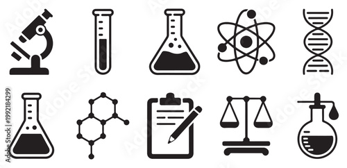 Chemistry flask atom and molecule line icon set. Vector illustration eps 10