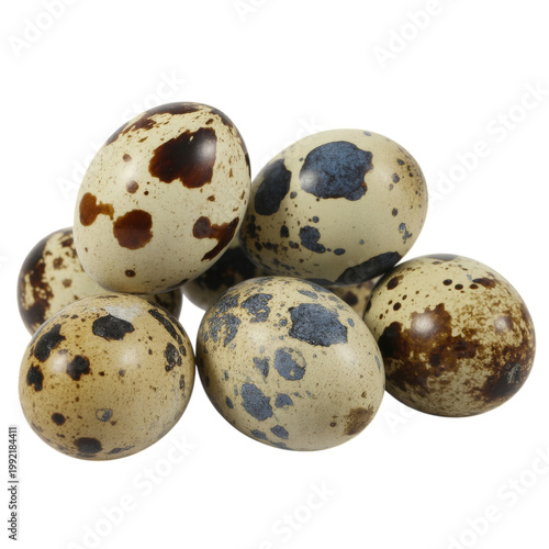 Six speckled quail eggs with natural brown and blue spots isolated on transparent background