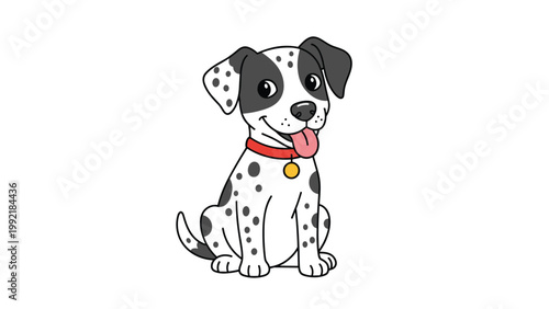 Smiling dalmatian puppy dog cartoon character sitting with red collar and yellow tag on white background.