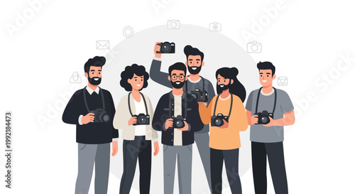 Diverse Group of Photographers Holding Cameras in a Studio Setting.