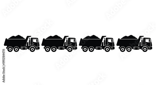 A row of heavy duty dump trucks depicted in black silhouette