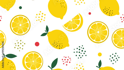 Vibrant yellow lemon and citrus slice pattern with green leaves and abstract dots on white background for decor.