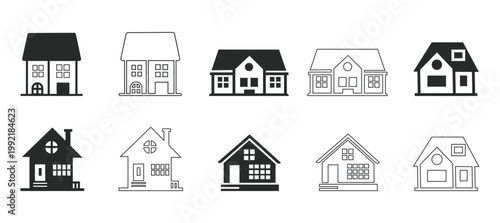 Set of house icons on white background, Black and white vector illustrations