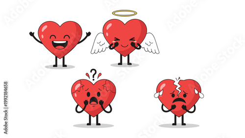 Collection of red heart cartoon characters with different emotions including happy, angel, worried, and broken.