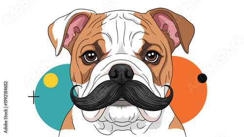 Cool bulldog dog cartoon character with a large black handlebar mustache on white background with abstract shapes.