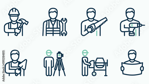Set of construction worker and industrial professional line icons featuring tools like hammer, drill, and cement mixer