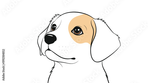 Cute white puppy dog cartoon character with a brown spot over one eye looking up curiously on white background.