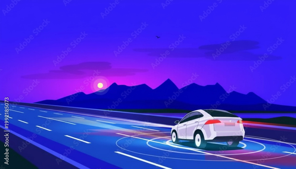 Naklejka premium Flat illustration of an autonomous car driving on a highway at sunset, showing AI navigation with sensor rings and future smart mobility concepts.