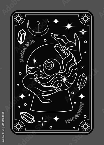 Tarot card. Oracle ball. Witch hands. Witchcraft and divination. Future prediction. Magical crystals and mystical star sparkles. Gypsy magic prophecy. Sorceress fingers. Vector esoteric taro banner