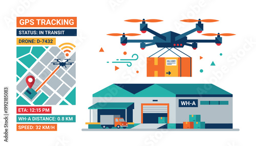 Drone delivering package with GPS tracking.