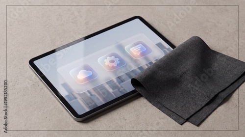 Tablet screen cleaning with microfiber cloth.