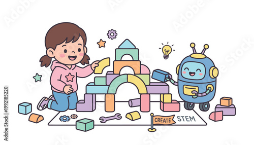 A young girl building with colorful blocks.