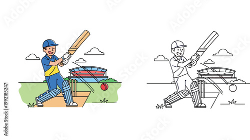 Boy playing cricket, batsman hitting the ball in stadium. Color and black and white line art coloring page vector illustration.