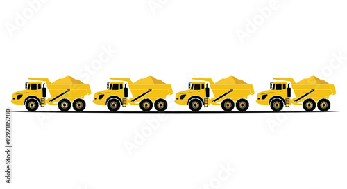 A line of yellow dump trucks depicted in a flat silhouette