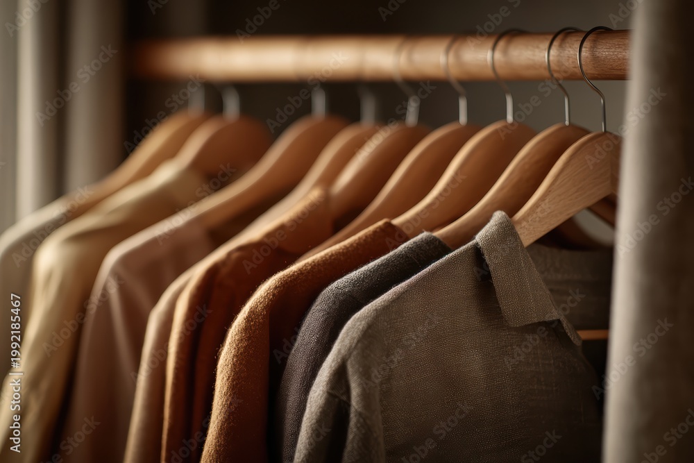 Obraz premium Close-up detail of minimalist wardrobe with natural fabric clothing on wooden hangers in organized closet space, earth tone palette curated for capsule wardrobe and mindful consumption lifestyle