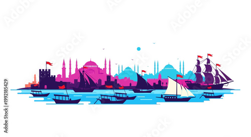 Sailboats on a colorful body water.