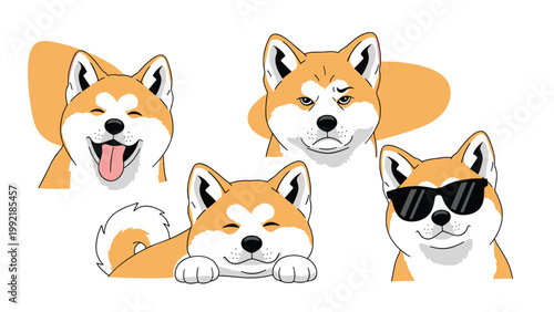 Collection of four cute Akita dog illustrations showing different emotions like happy, grumpy, sleepy, and wearing cool black sunglasses.