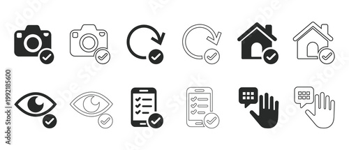 Set of verified icons on white background including camera, House, Phone, And checklist symbols