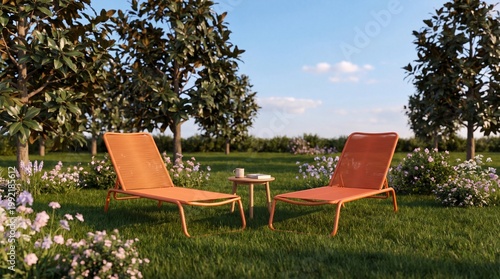 Two orange lounge chairs and a small table on a green lawn.