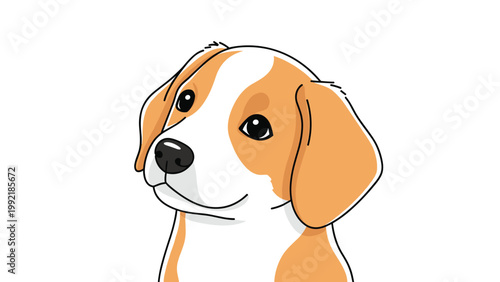 Sweet beagle puppy illustration with long ears and a gentle expression looking up on a plain white background.