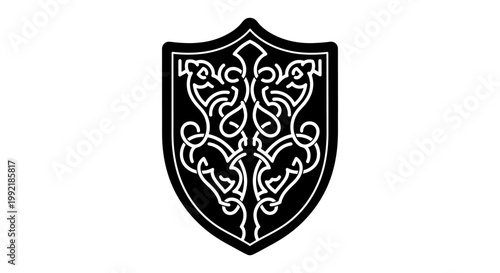 Black Shield with White Ornate Design.